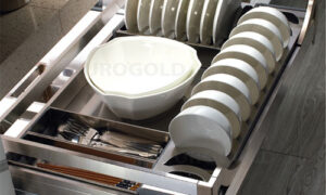 Giá bát đĩa inox hộp âm tủ ray giảm chấn EuroGold