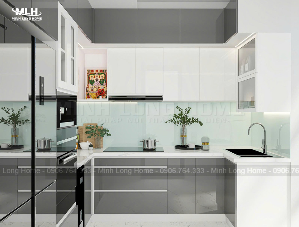 Thiết kế tủ bếp An Cường hiện đại bóng gương