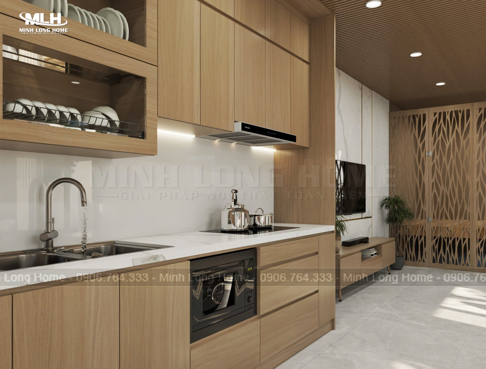 Mẫu tủ bếp MDF An Cường phủ melamine
