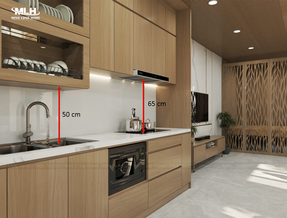 Kích thước tủ bếp tiêu chuẩn phù hợp với người Việt Khoảng cách giữa tủ bếp trên và tủ bếp dưới theo chiều cao gia đình