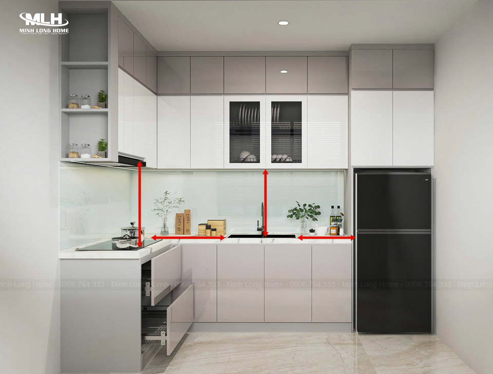 Kích thước tủ bếp tiêu chuẩn phù hợp với người Việt Khoảng cách giữa các phụ kiện thiết bị bếp tiêu chuẩn