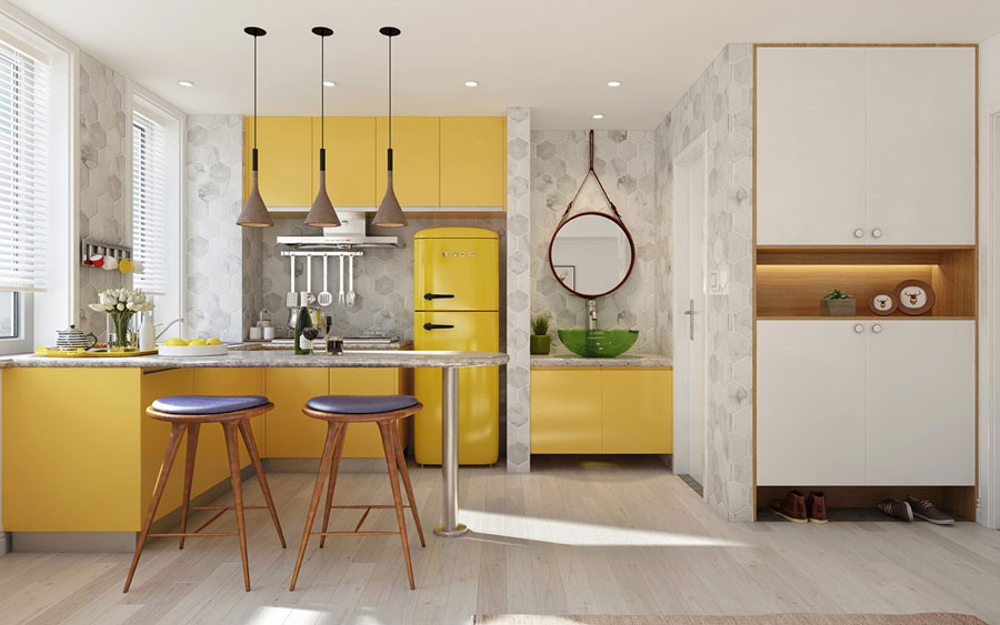 Mẫu 12: Tủ bếp phong cách hiện đại được sơn đơn sắc màu vàng