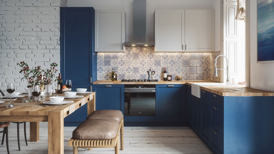 Mẫu 29: Mẫu tủ bếp màu xanh đậm, mang phong cách châu Âu