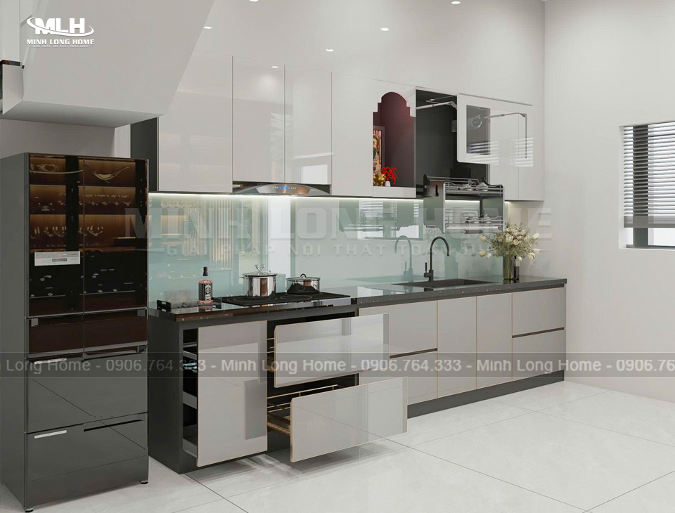 Mẫu tủ bếp nhựa Acrylic chữ i