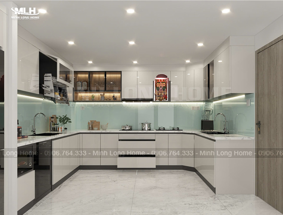 Mẫu tủ bếp nhựa Acrylic chữ u cho nhà bếp lớn