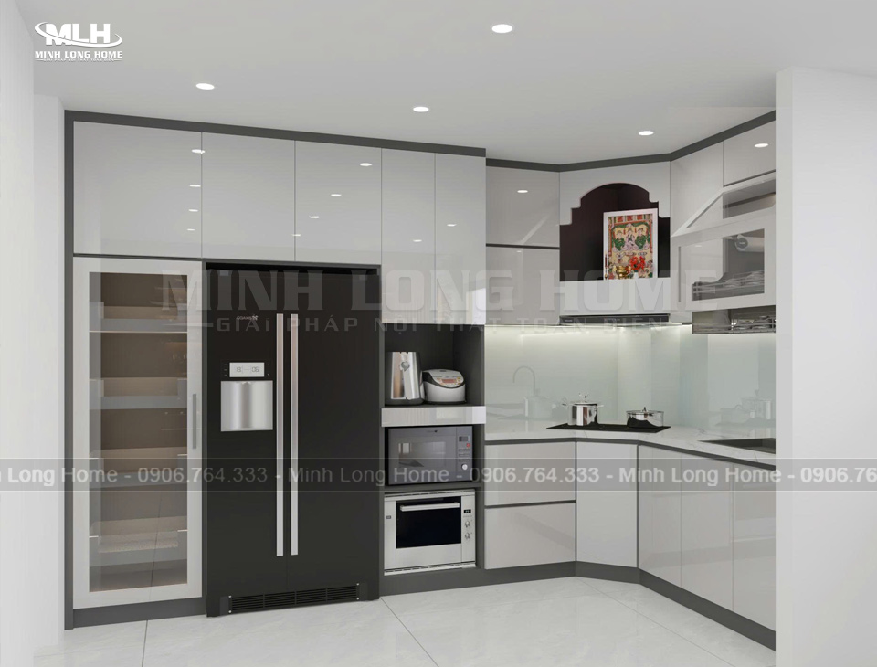 Mẫu tủ bếp nhựa Acrylic có bàn thờ ông Táo