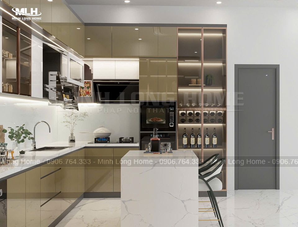 Mẫu tủ bếp nhựa Acrylic kết hợp bàn đảo