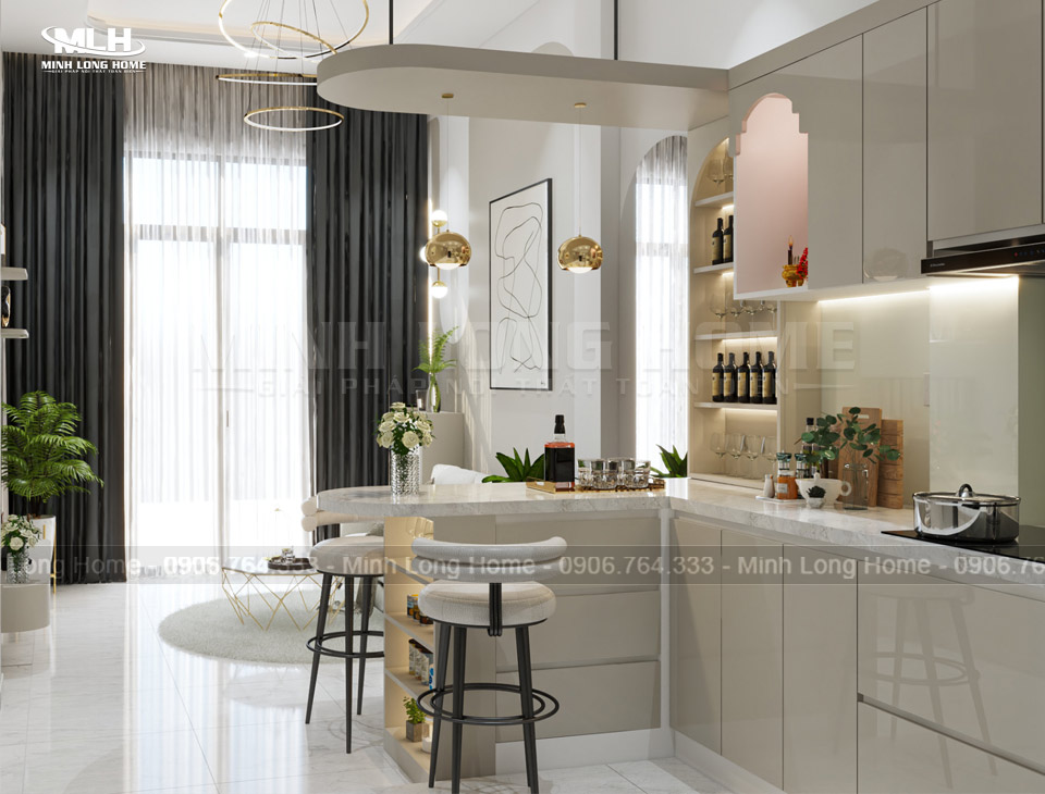 Mẫu tủ bếp nhựa Acrylic kết hợp quầy bar