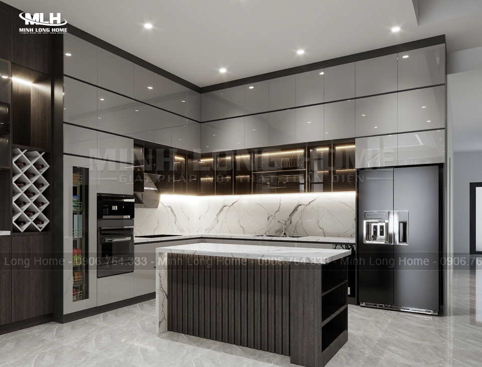 Mẫu tủ bếp nhựa Acrylic kịch trần và bàn đảo