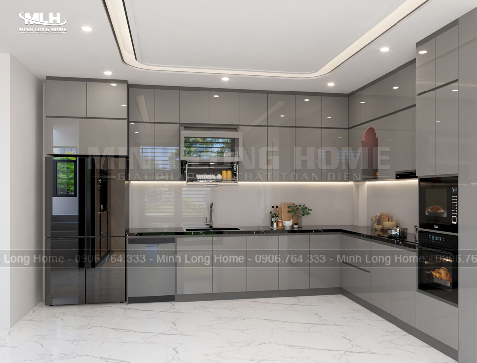 Mẫu tủ bếp nhựa Acrylic kịch trần màu xám