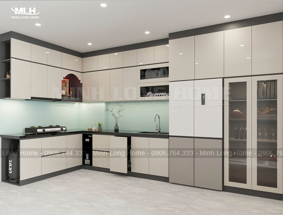 Mẫu tủ bếp nhựa Acrylic màu be