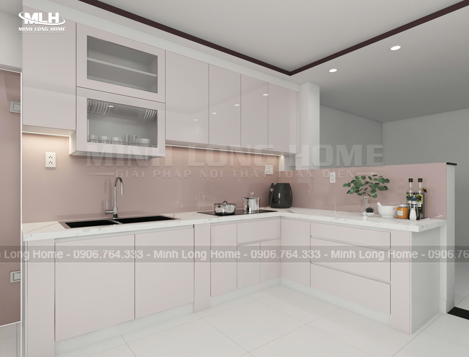 MẫU tủ bếp nhựa Acrylic màu hồng