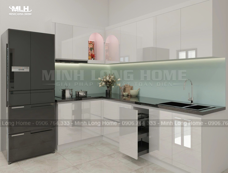 Mẫu tủ bếp nhựa Acrylic màu trắng hiện đại