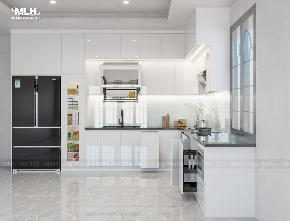 Mẫu tủ bếp nhựa Acrylic màu trắng nhà anh Cường
