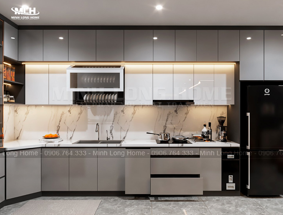 Mẫu tủ bếp nhựa Acrylic màu xám ghi