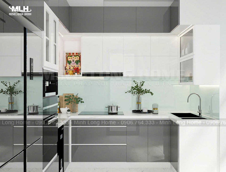Mãu tủ bếp nhựa Acrylic màu xám trắng