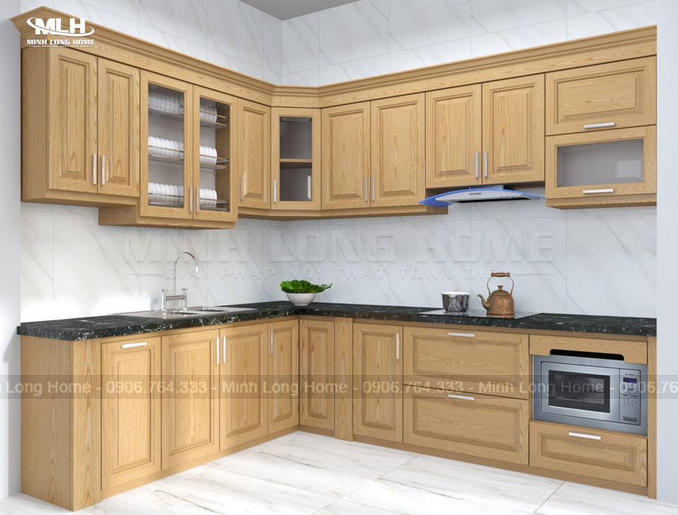 Tủ bếp gỗ tự nhiên phổ biến loại gỗ sồi Mỹ 