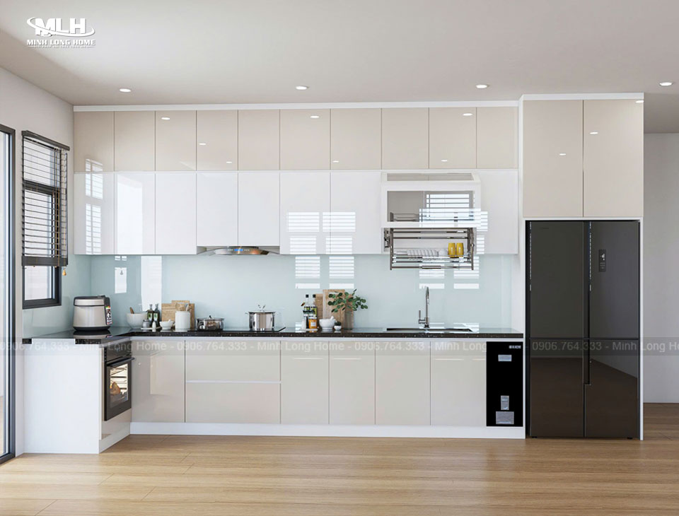 Tủ bếp nhựa Acrylic màu trắng kem nhà chị Hà