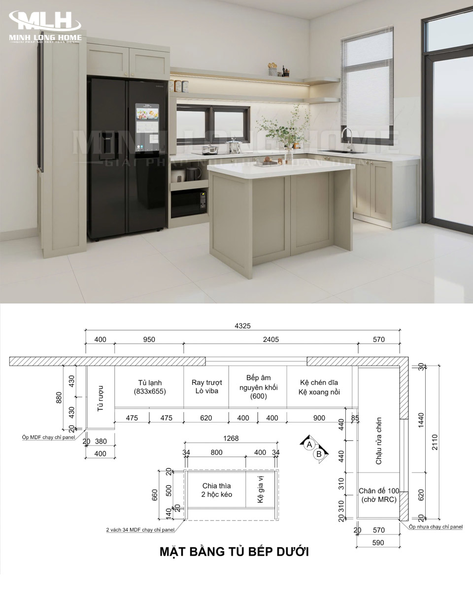6+ Bản vẽ tủ bếp chữ L chuẩn kích thước và công năng Bản vẽ tủ bếp chữ L có bàn đảo