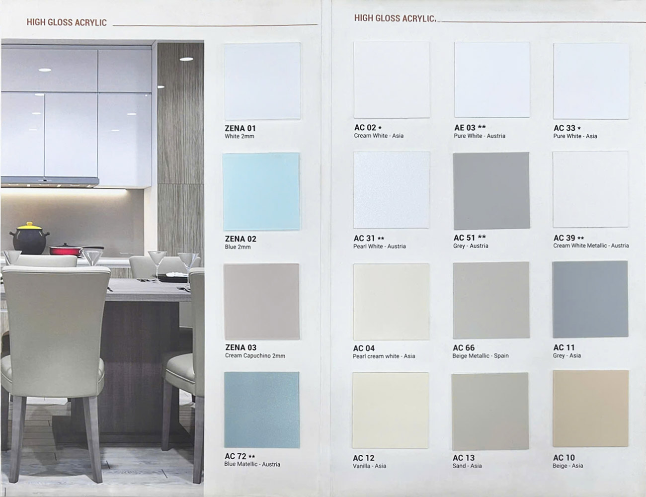 Cánh tủ bếp Acrylic là gì? Ưu điểm, bảng màu & các mẫu cánh Acrylic Màu cánh tủ bếp Acrylic ALD 1