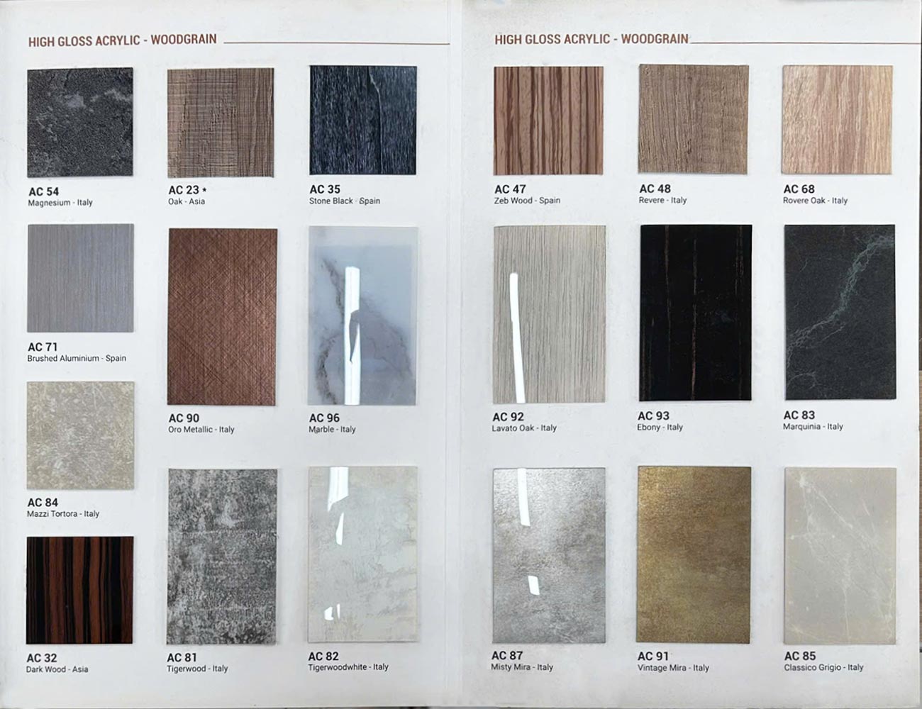 Cánh tủ bếp Acrylic là gì? Ưu điểm, bảng màu & các mẫu cánh Acrylic Màu cánh tủ bếp Acrylic ALd vân gỗ, vân đá