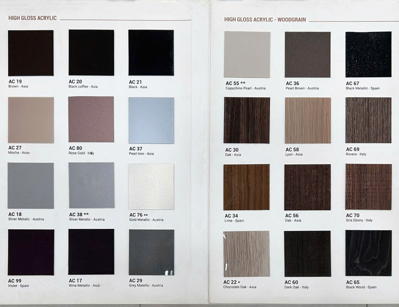 Cánh tủ bếp Acrylic là gì? Ưu điểm, bảng màu & các mẫu cánh Acrylic Màu cánh tủ bếp Acrylic ALD vân gỗ