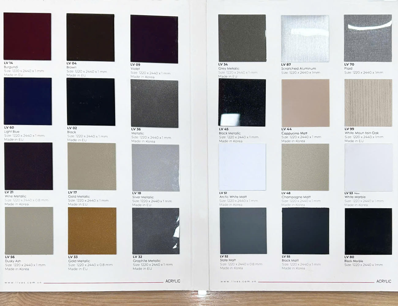 Cánh tủ bếp Acrylic là gì? Ưu điểm, bảng màu & các mẫu cánh Acrylic Màu cánh tủ bếp Acrylic Livas nhũ