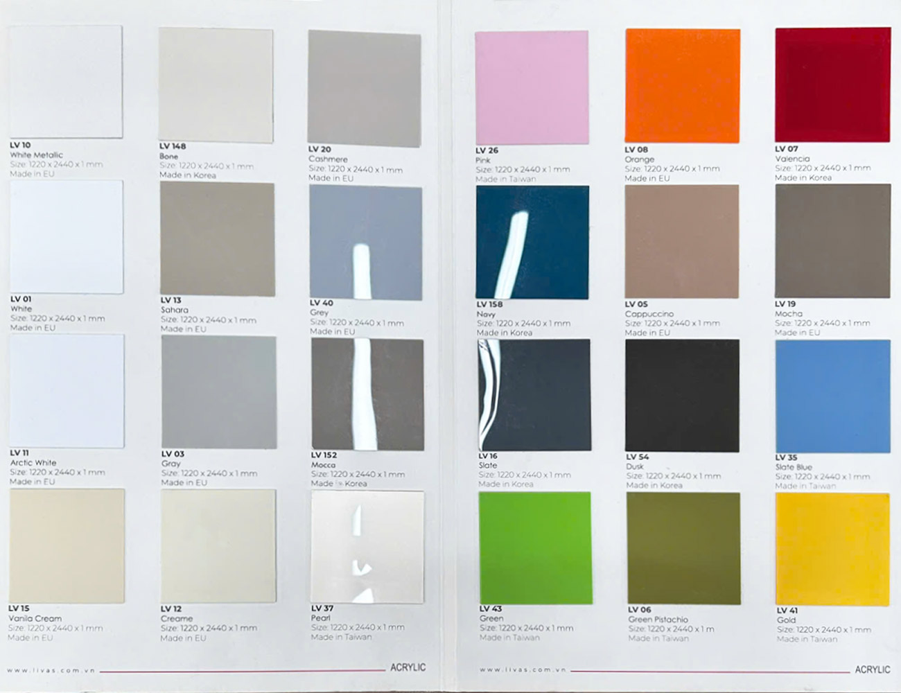 Cánh tủ bếp Acrylic là gì? Ưu điểm, bảng màu & các mẫu cánh Acrylic Màu cánh tủ bếp Acrylic Livas màu trơn