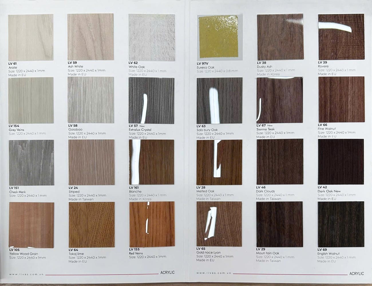 Cánh tủ bếp Acrylic là gì? Ưu điểm, bảng màu & các mẫu cánh Acrylic Màu cánh tủ bếp Acrylic Livas vân gỗ đa dạng