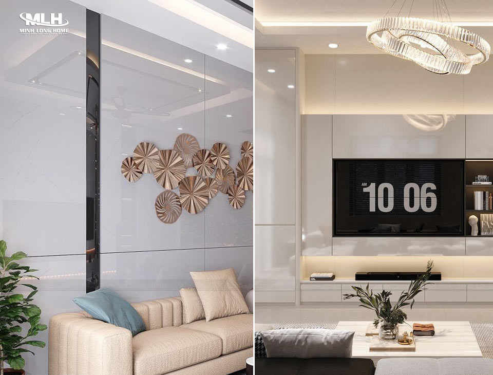Gỗ Acrylic có tốt không? Ưu và nhược điểm của gỗ Acrylic Ứng dụng ốp tường và tủ kệ trong phòng khách