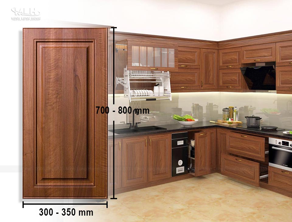 Kích thước cánh tủ bếp tiêu chuẩn: Chiều cao x rộng x dày cánh Kích thước cánh tủ bếp gỗ tự nhiên