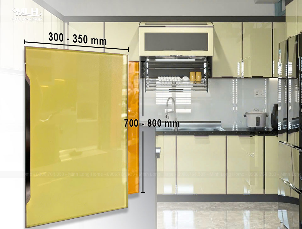Kích thước cánh tủ bếp tiêu chuẩn: Chiều cao x rộng x dày cánh Kích thước cánh tủ bếp kính cường lực