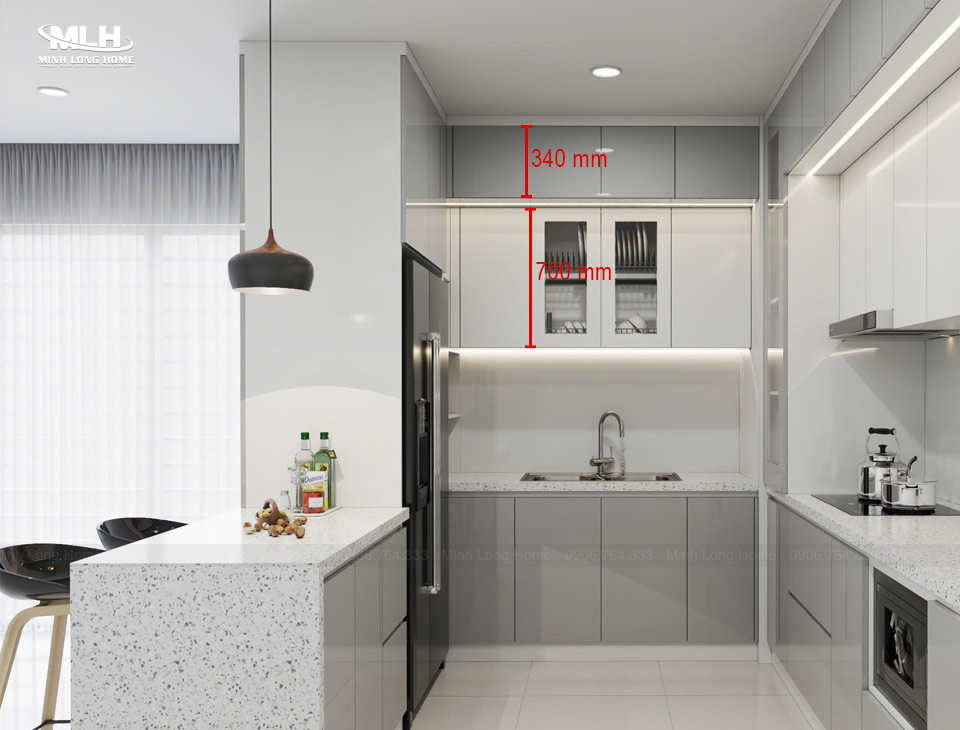 Kích thước cánh tủ bếp tiêu chuẩn: Chiều cao x rộng x dày cánh Kích thước chiều cao tủ bếp trên tiêu chuẩn