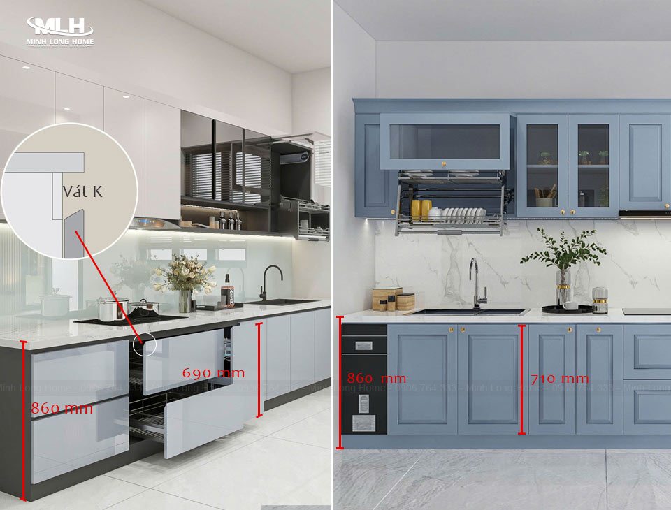 Kích thước cánh tủ bếp tiêu chuẩn: Chiều cao x rộng x dày cánh Kích thước chiều dài cánh tủ bếp dưới