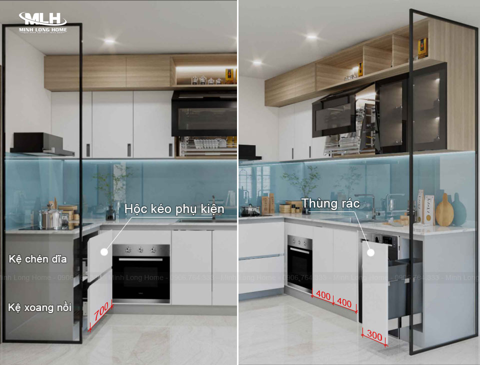Kích thước cánh tủ bếp tiêu chuẩn: Chiều cao x rộng x dày cánh Kích thước chiều rộng cánh tủ bếp dưới khoang phụ kiện