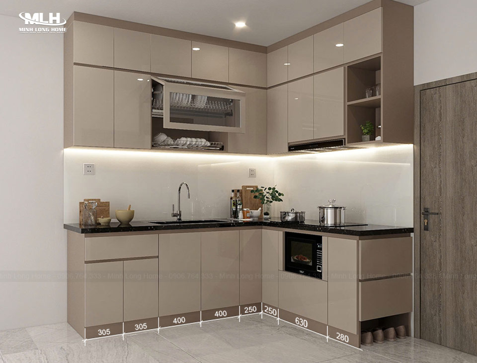 Kích thước cánh tủ bếp tiêu chuẩn: Chiều cao x rộng x dày cánh Kích thước chiều rộng cánh tủ bếp dưới