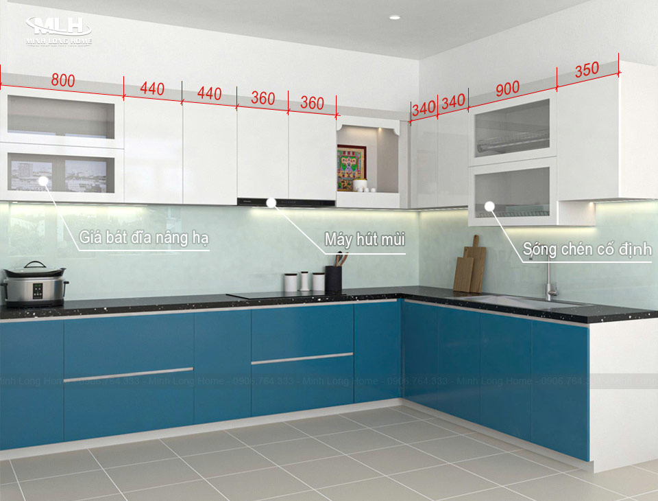 Kích thước cánh tủ bếp tiêu chuẩn: Chiều cao x rộng x dày cánh Kích thước chiều rộng tủ bếp trên có thiết bị