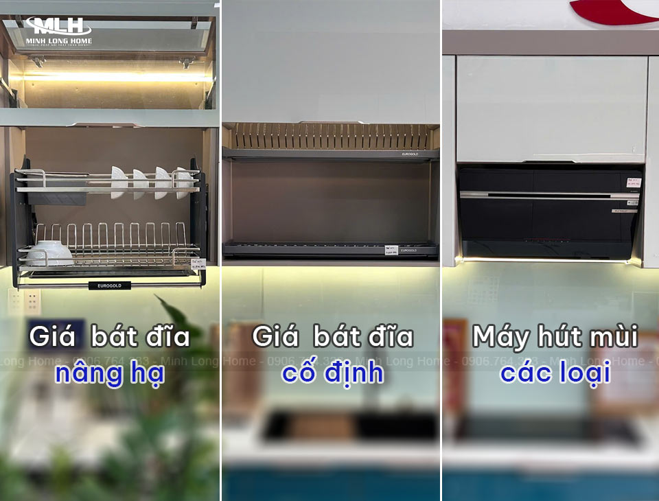 Kích thước phụ kiện tủ bếp chuẩn phổ biến hiện nay Kích thước phụ kiện tủ bếp trên: Giá bát đĩa nâng hạ - cố định - máy hút mùi các loại