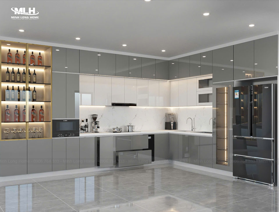 Gỗ Acrylic có tốt không? Ưu và nhược điểm của gỗ Acrylic Mẫu tủ bếp Acrylic bóng gương hiện đại