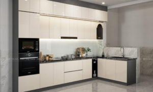 Tủ bếp gỗ công nghiệp Mẫu tủ bếp gỗ công nghiệp phủ Melamine màu kem hiện đại