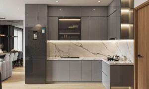 Bản vẽ 3D bộ tủ bếp nhôm cánh Acrylic theo phong cách hiện đại