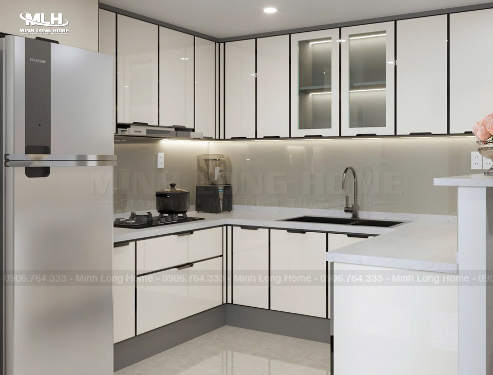 Tủ bếp hợp kim nhôm Tủ bếp hợp kim nhôm cánh kính sơn trắng