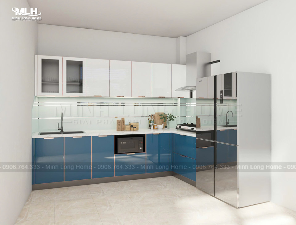 Tủ bếp hợp kim nhôm Tủ bếp hợp kim nhôm chữ L cơ bản phối màu trắng - xanh navy