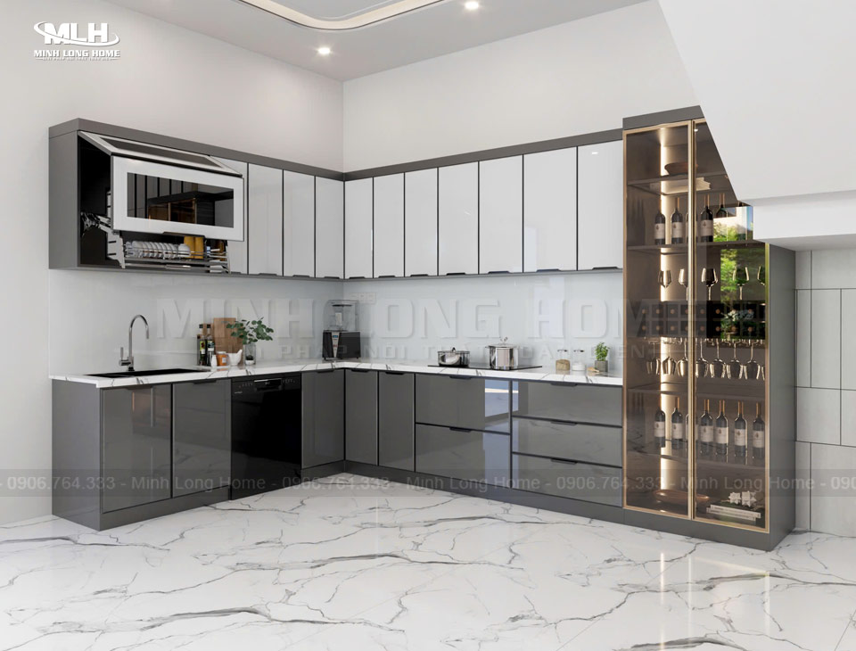 Tủ bếp hợp kim nhôm Tủ bếp hợp kim nhôm chữ L có tủ rượu sang trọng