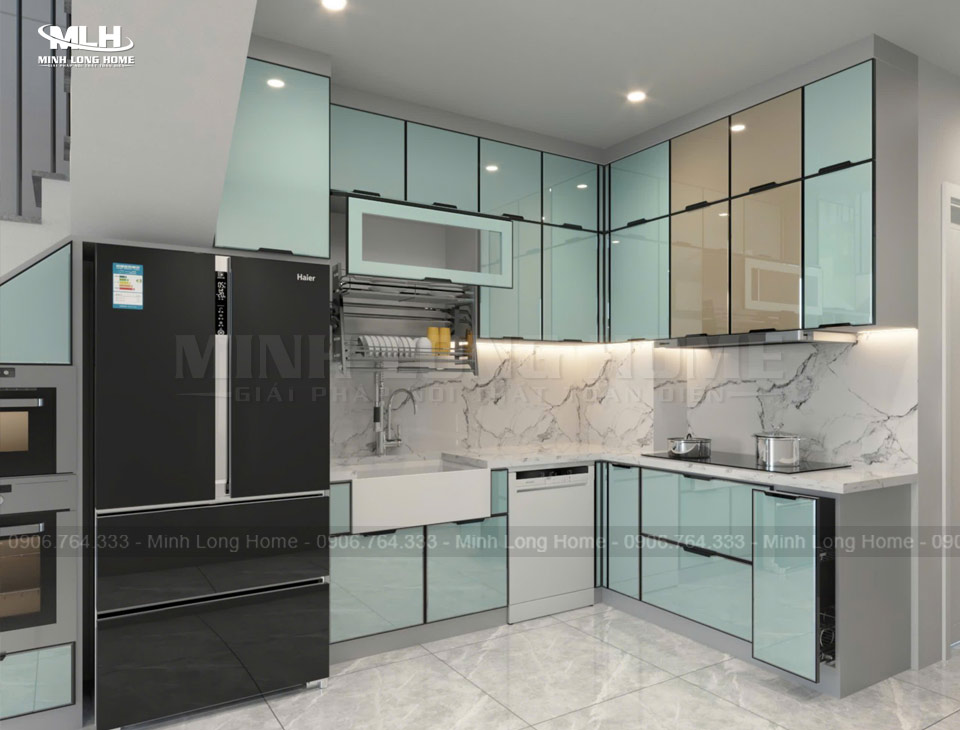 Tủ bếp hợp kim nhôm Tủ bếp hợp kim nhôm góc cầu thang
