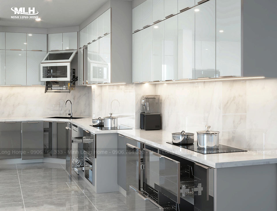Tủ bếp inox cánh kính Tủ bếp inox cánh kính chuẩn xác theo hiện trạng mặt bằng
