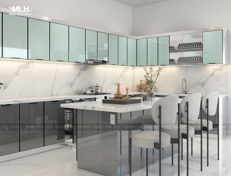 Tủ bếp inox cánh kính Tủ bếp inox cánh kính có bàn đảo