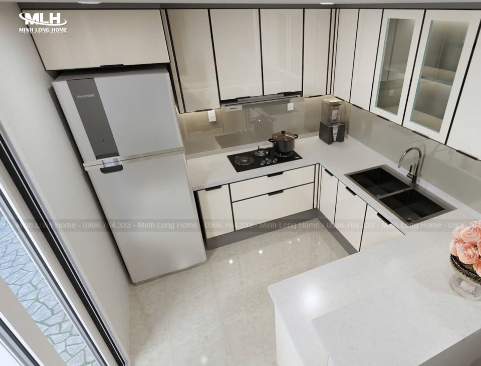 Tủ bếp inox cánh kính Tủ bếp inox cánh kính màu trắng thanh lịch