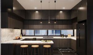 Mẫu thiết kế tủ bếp nhôm cánh acrylic chữ U có quầy bar mini