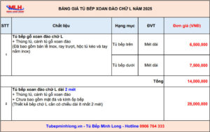 Báo giá tủ bếp xoan đào chữ L năm 2025 Giá tủ bếp xoan đào chữ L